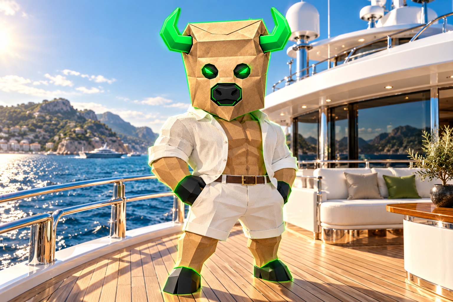 Paper-bag bull wearing white linen on a luxury yacht beside a sunny coastline